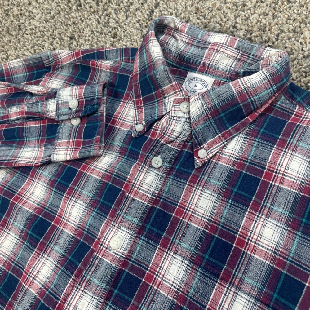 Brooks Brothers Mens Medium Regent Fit Plaid Button Down Shirt Navy Red Cotton